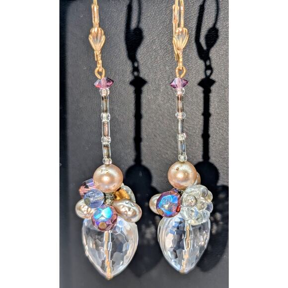 Crystal Faceted Heart Pearl Crystal Flower Beaded Gold Tone Lever Back Earrings - Picture 1 of 8